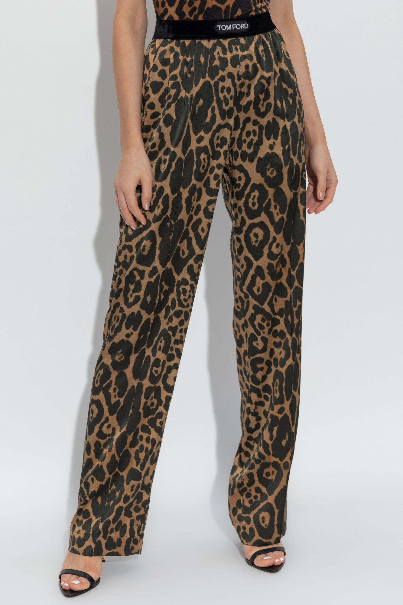 パンツ TOM FORD Stretch silk trouser with animalier print Marrone LEOPARD PRINT STRETCH SILK SATIN SIGNATURE PJ PANTS | Tom